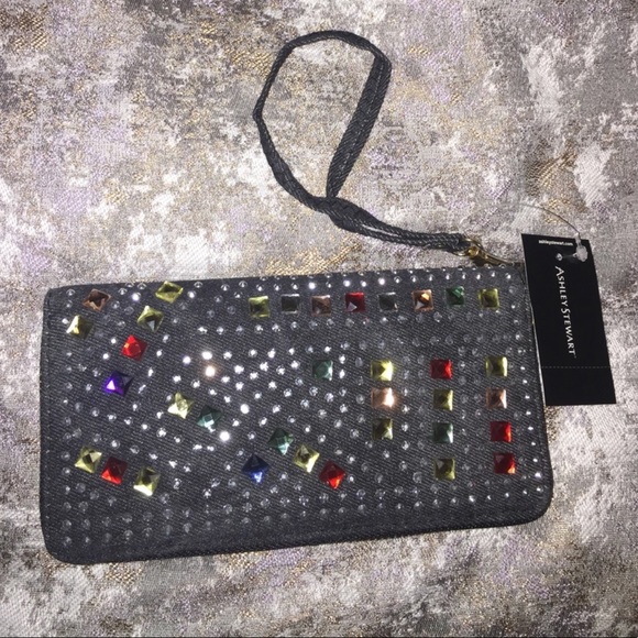 Ashley Stewart Handbags - ASHLEY STEWARTS Embellished Jean Wristlet Wallet